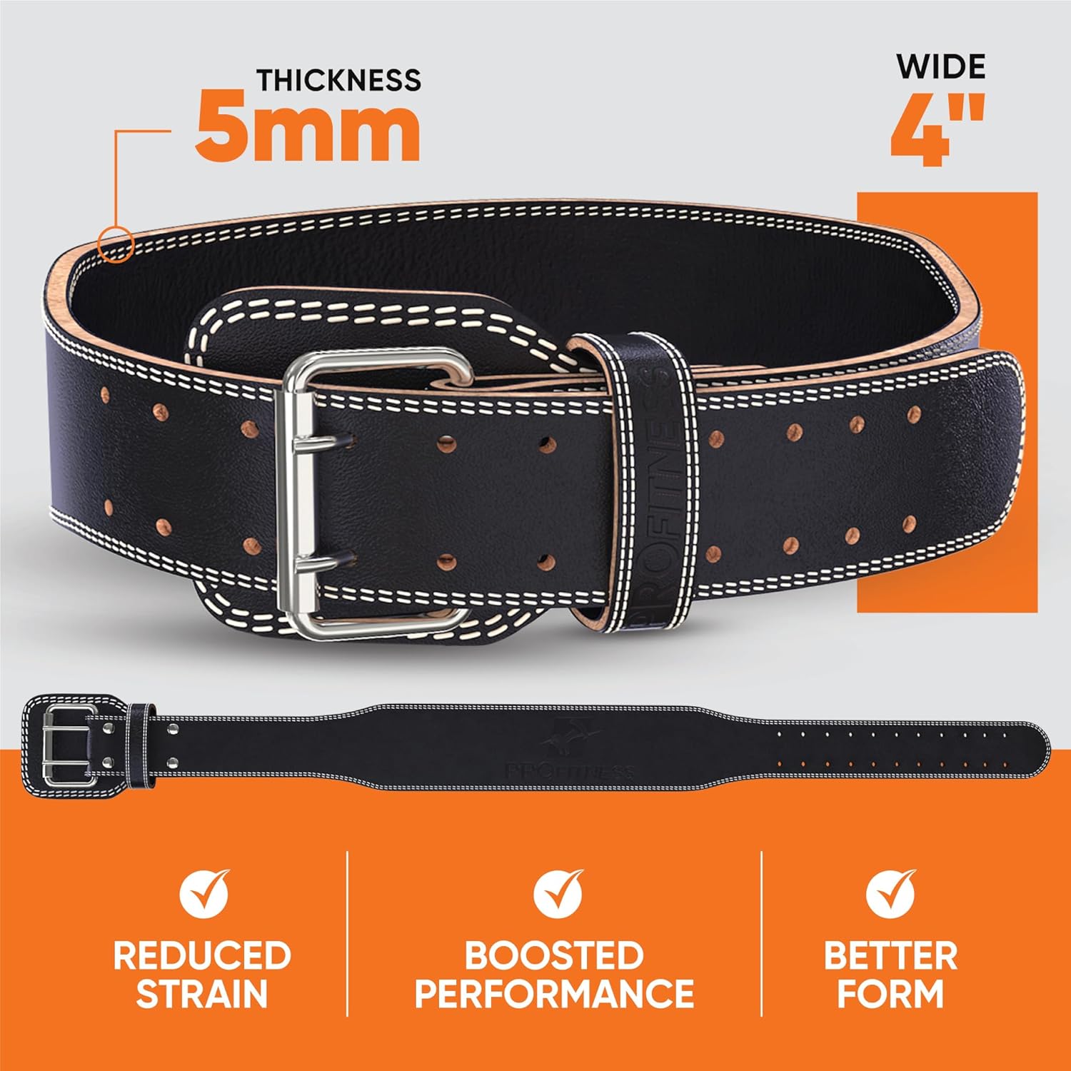 Black leather weightlifting belt with 'PROfitness' logo in front.